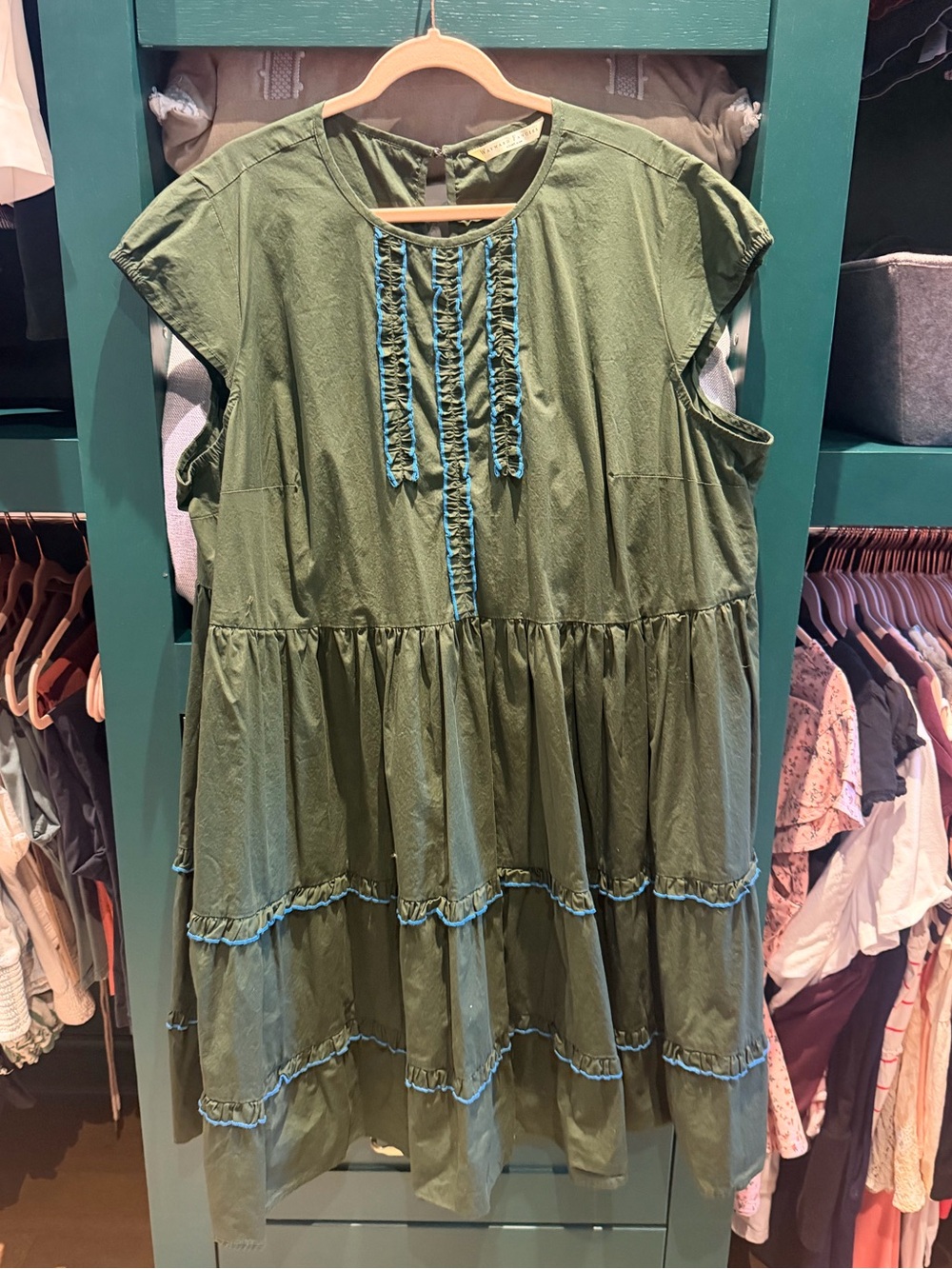 NWOT Wayward Fancies Olive Green Tiered Dress with Teal Trim